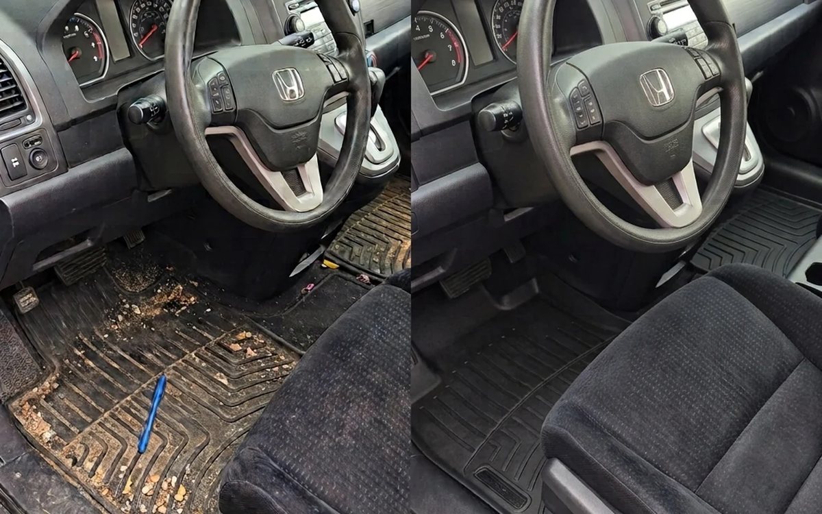 Before and after a full car detail in Surrey: a Honda driver footwell, crumbs and dirty mat on the left, clean on the right